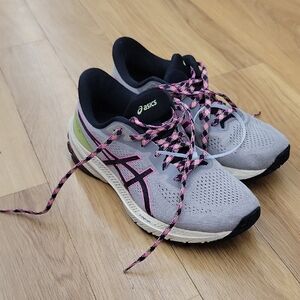ASICS Gray Running Shoes with Pink and Lime Accents